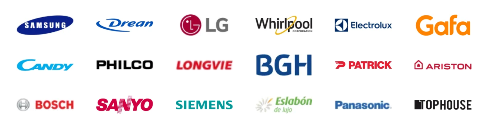 Marcas: Samsung, Drean, LG, Whirlpool, Electrolux, Gafa, Candy, Philco, Longvie, BGH, Patrick, Ariston, Bosch, Sanyo, Siemens, Eslabón de Lujo, Panasonic, Top House