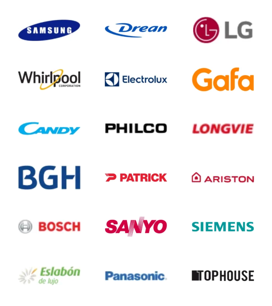 Marcas: Samsung, Drean, LG, Whirlpool, Electrolux, Gafa, Candy, Philco, Longvie, BGH, Patrick, Ariston, Bosch, Sanyo, Siemens, Eslabón de Lujo, Panasonic, Top House